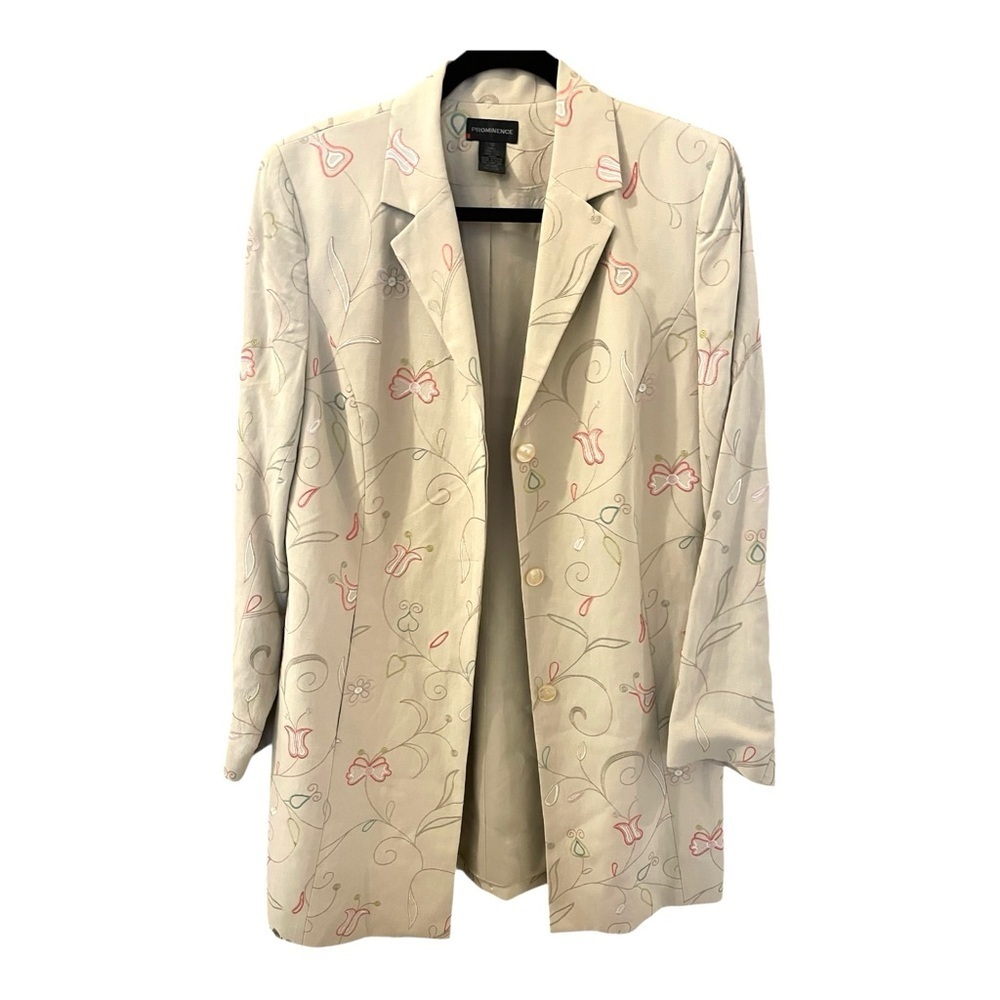 Vintage Embroidered Beige Women's Duster Jacket, Cream w/Pink & Green Accents.